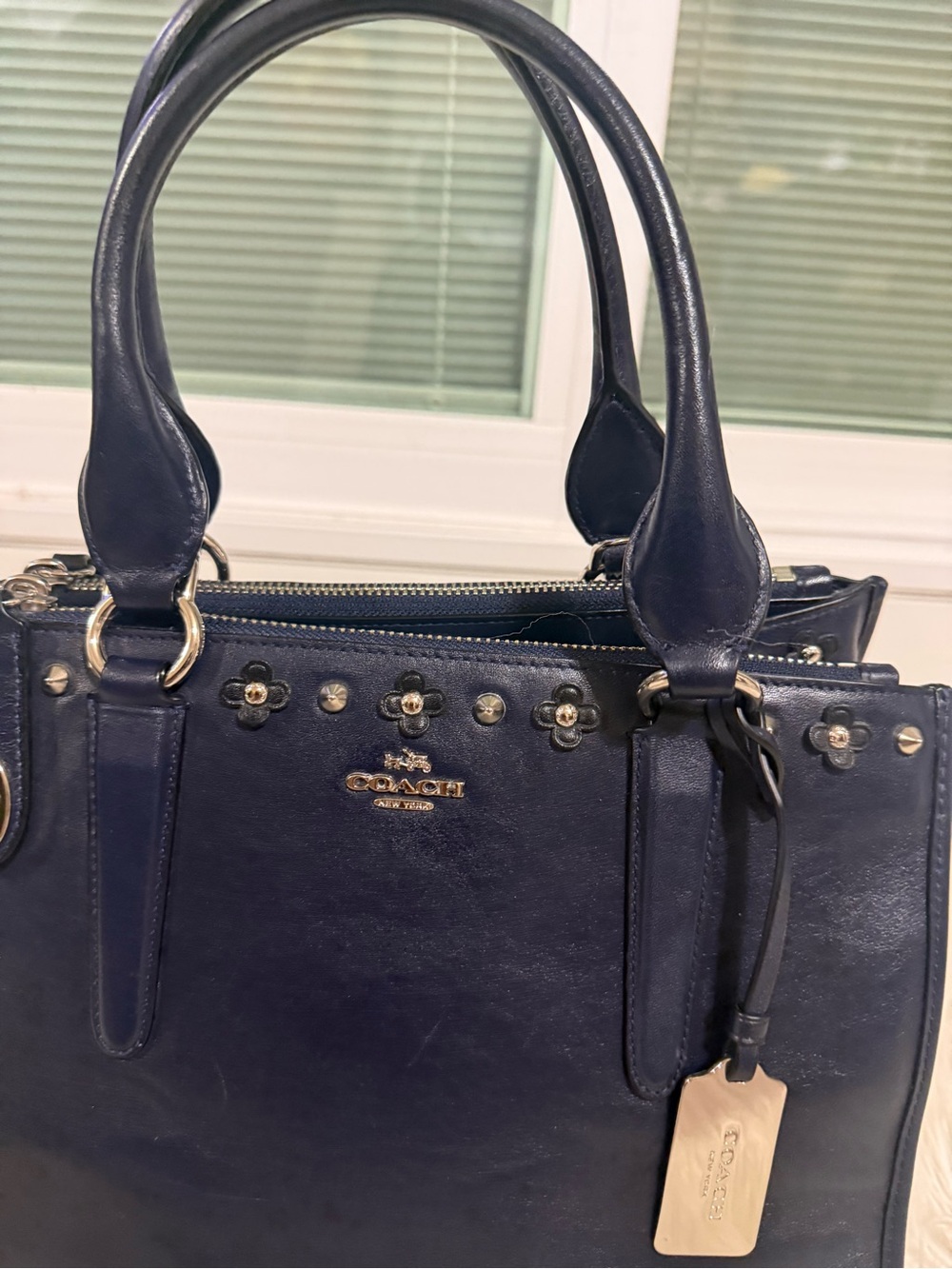 Coach Navy Leather Top-Handle Satchel - Picture 2 of 9
